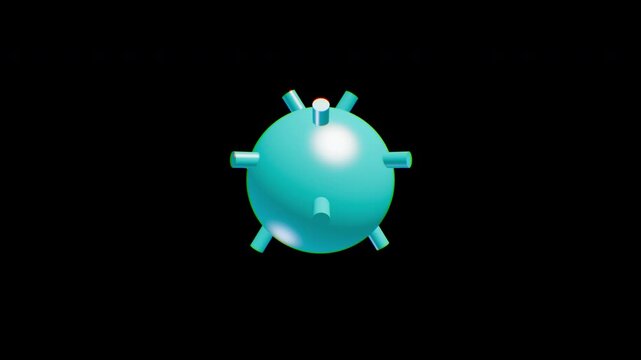 3D micro-virus capsule, solid blue, glowing cyan. Volumetric model isolated on transparent alpha channel with spatial depth.