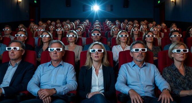 Audience wearing 3D glasses in a dark movie theater watching a film on a bright screen.