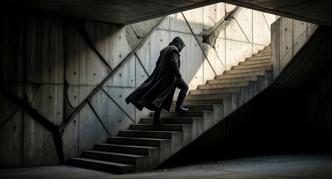 Mysterious figure in dark cloak ascending concrete staircase under dramatic light, industrial decay backdrop.