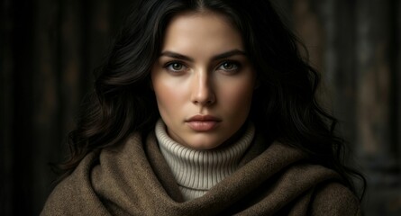 Fototapeta premium Elegant woman with dark hair and intense gaze, wrapped in a warm brown scarf against a moody, textured background.