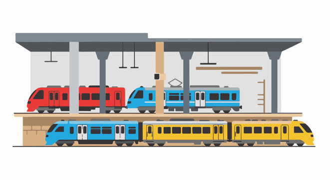 Multiple colorful trains parked under a modern station canopy