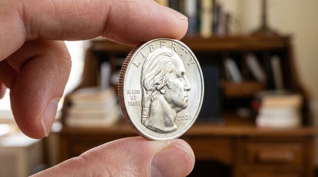 Close up of fingers holding american quarter dollar coin in a blurry room