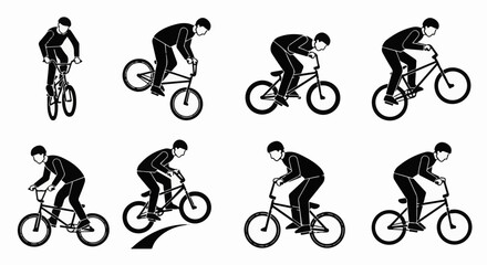 Naklejka premium Multiple figures demonstrate BMX bike stunts and maneuvers on flat ground and inclines