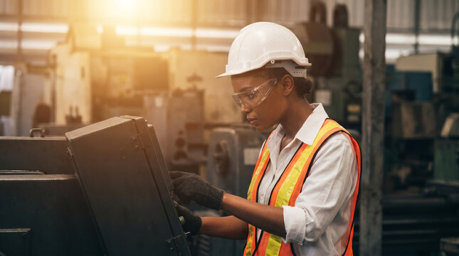 African American female operator machine working at control panel in manufacturing plant. Black woman industrial engineer wearing safety gear in heavy industry factory
