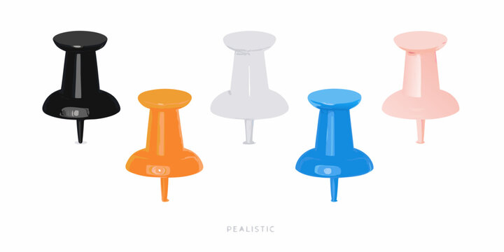 Realistic push pins set of five colorful thumbtacks on white background