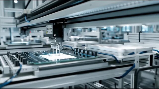 Industrial sewing machine in factory setting.