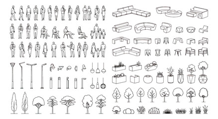 Architectural sketch vector set, hand drawn people and furniture icons, minimalist landscape and interior design elements for floor plans © Ali