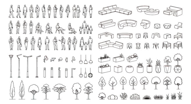 Architectural sketch vector set, hand drawn people and furniture icons, minimalist landscape and interior design elements for floor plans