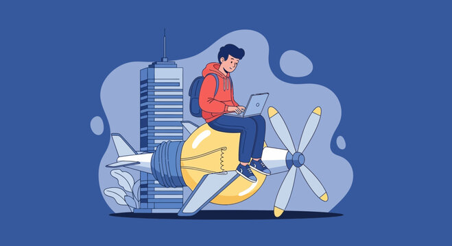 Student on flying lightbulb rocket with laptop, symbolizing innovation and study
