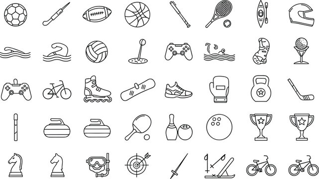 Comprehensive Sports and Recreation Line Icon Set Featuring Balls, Equipment, Gaming, Fitness, and Olympic Athletic Symbols for Professional Designs