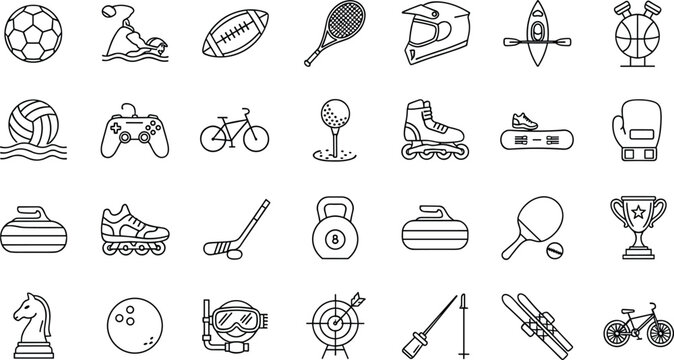 Extensive Sports and Fitness Line Icon Set Featuring Balls Equipment Gaming Training and Olympic Athletic Symbols for Professional App and Web Designs