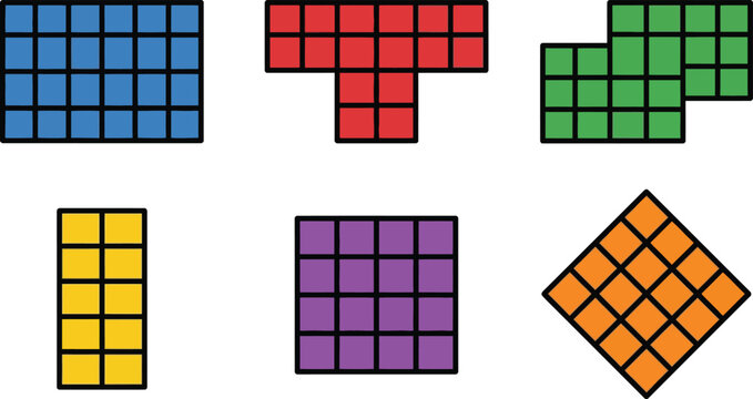 Diverse collection of colorful geometric shapes constructed from square grid blocks perfect for educational content puzzle games and abstract design elements