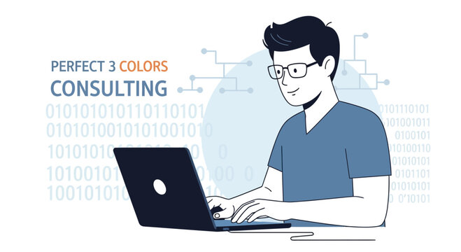 Young man with glasses working on a laptop, surrounded by binary code and network graphics