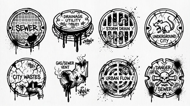 Eight Graffiti Sewer Covers and Drainage Icons Urban Grunge Ink Street Art Set Isolated on White Background