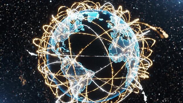Business network growing across the globe concept. Digital world globe with glowing network connections symbolizing global communication and technology