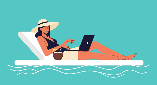 Woman working on laptop on float with coconut drink, summer freelance vacation