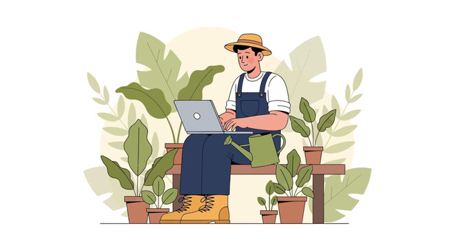 Gardener with laptop and watering can amidst lush plants