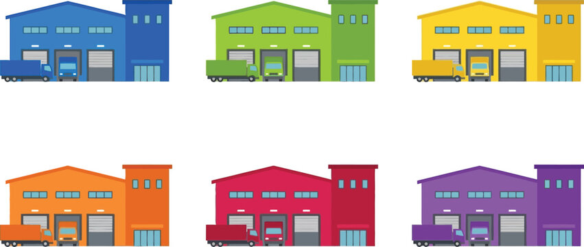 Set of colorful flat design warehouse buildings each featuring loading docks and delivery trucks perfect for illustrating logistics supply chain and industrial concepts
