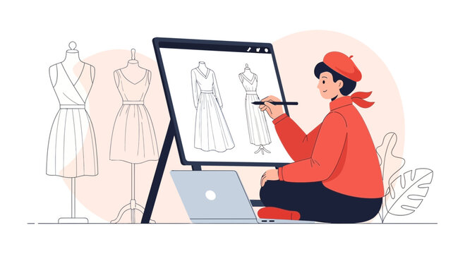 Fashion Designer Creating Digital Sketches On Tablet With Mannequins