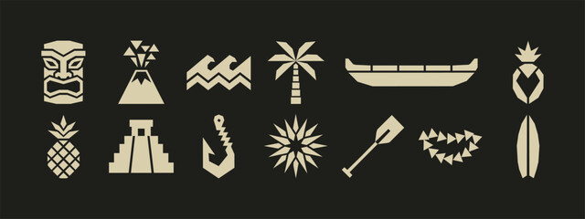 Set of Geometric Polynesian and Hawaiian Tropical Icons including Tiki Mask Volcano and Surfboard © thetwelvesense