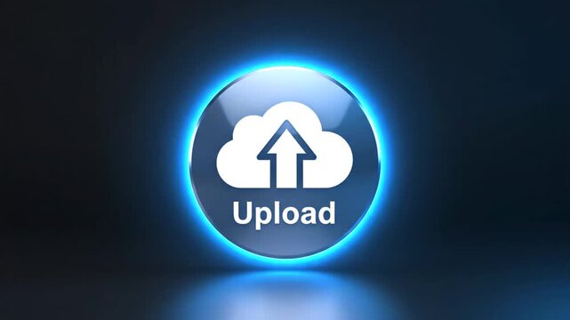 Digital cloud upload button glowing with blue light in dark background