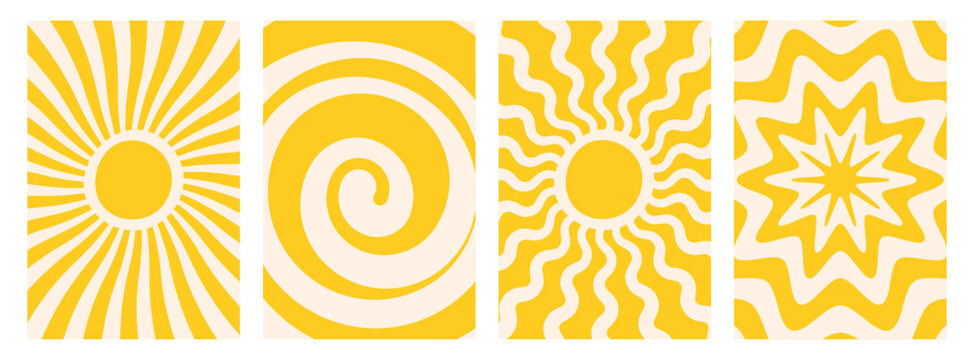 Abstract Comic Style Groovy Sunburst Poster Set. Retro 70s Summer Wavy Sun Rays and Spiral Backgrounds. Pop Art Vector Illustration.