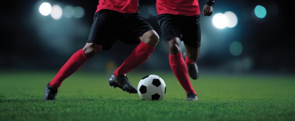 Naklejka premium Intense football players in red and black clash for the ball on a vibrant green pitch