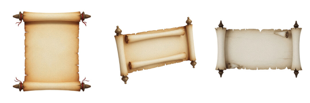 Vintage parchment scrolls isolated on white background, antique paper rolls for messages or historical documents, textured papyrus texture, aged manuscript scrolls with ornate wooden handles for fanta