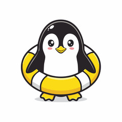 Obraz premium Cute cartoon penguin wearing a yellow lifebuoy