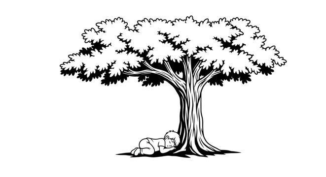 Whimsical illustration of sheep resting under large tree.