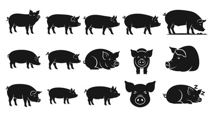 Obraz premium Diverse Collection of Pig Silhouettes Depicting Various Poses, From Standing and Walking to Feeding and Sleeping, Ideal for Farm Animal Vector Graphics and Agricultural Designs