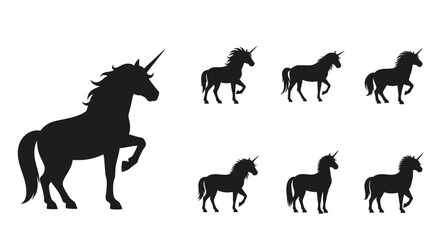 Obraz premium Collection of Silhouette Unicorns with One Large Unicorn in Foreground and Smaller Unicorns Behind It