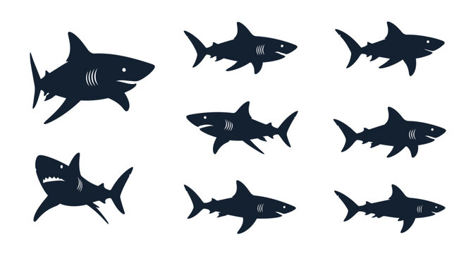 Dynamic collection of cartoon shark illustrations in various poses, from fierce predators to playful marine creatures, perfect for ocean-themed designs and educational content