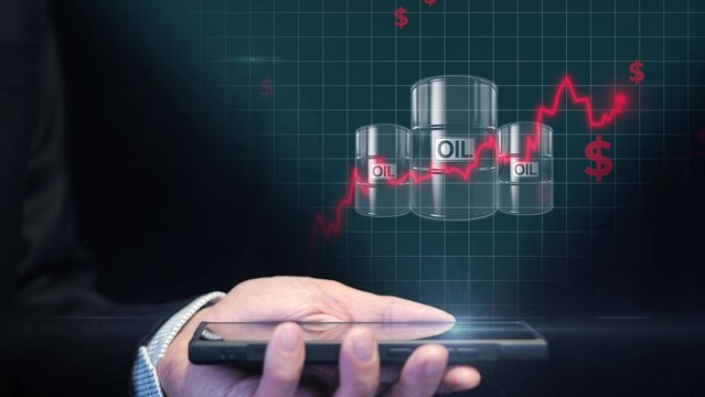 3D oil barrel hologram and rising red price chart with dollar signs, representing oil petrodollar volatility
