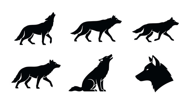 Vector illustrations featuring a variety of black wolf silhouettes, showcasing different poses such as howling, walking, and a detailed head profile, for nature and animal graphic designs