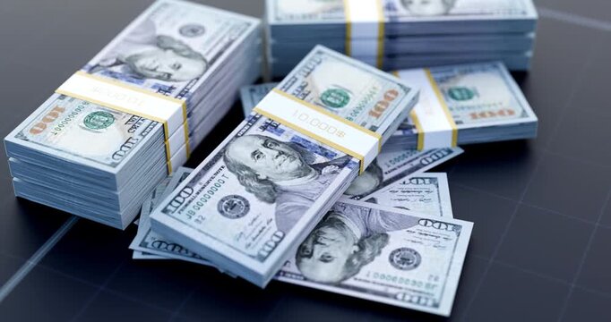 Stacks of Hundred Dollar Banknotes Rotating on Dark Background