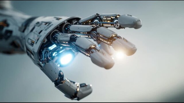 Robotic hand with glowing blue lights.