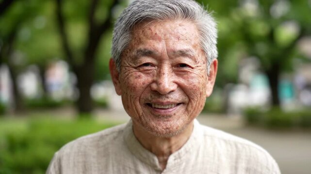 Close Up of a happy smiling 60-70 years senior Asian man looking at camera with warm emotions. Smiling Japanese elderly male, Happy retirement time, Cute granny face outdoors.
