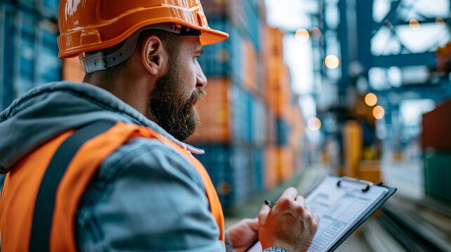 Rear view of a male container port worker in safety gear checking and counting a large organized stack of export containers in an international logistics port yard, clipboard in hand,