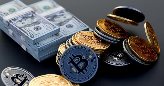 Bitcoins and Stacks of Dollar Banknotes Falling on Dark Background