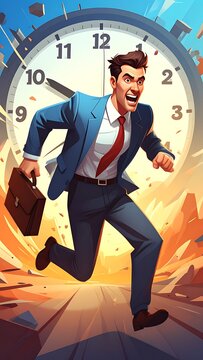 A cartoon man in a suit runs urgently before a large clock
