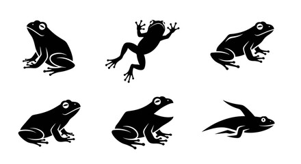 Fototapeta premium Six Distinct Silhouettes of Frogs in Various Dynamic Poses, Showcasing Unique Forms and Movements