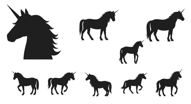 Diverse collection of black unicorn silhouettes, showcasing the mythical fantasy creature's magic and elegance in various graceful poses, ideal for enchanting designs