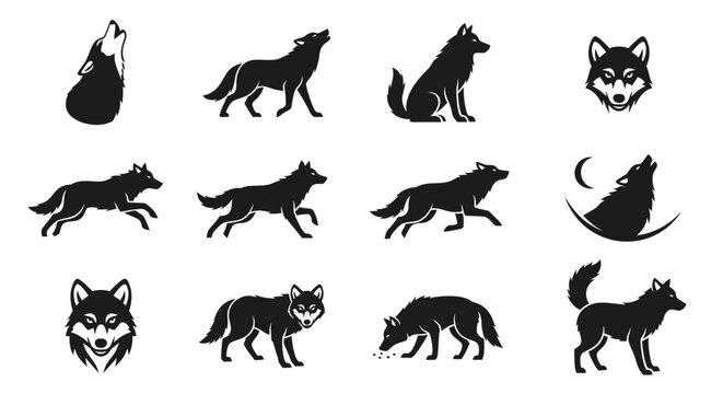 Collection of Silhouette Illustrations Featuring Wolves in Various Poses and Expressions