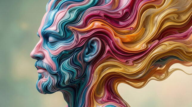 Surreal flowing portrait with vibrant layered abstract color waves