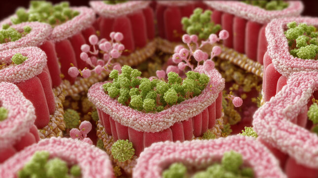 3d render of intestinal microvilli structure with microscopic cellular details medical illustration of human gut microbiome anatomy showing inner epithelial lining and bacterial clusters background