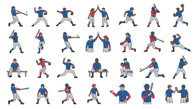 Flat vector illustration set featuring thirty diverse baseball icons and symbols including balls, bats, gloves, helmets, fields, jerseys, and equipment isolated on a white background.