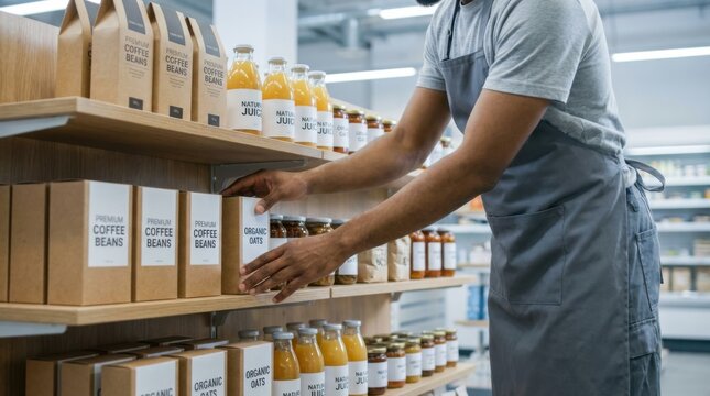 retail employee arranging products on store shelves during inventory restocking