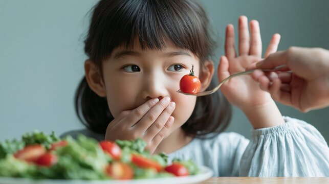 Young child refuses to eat a cherry tomato offered on a fork, covering mouth