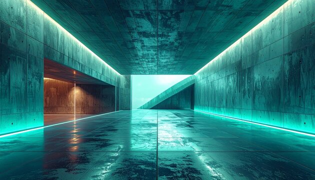 An empty architecture corridor inside a modern city building creates a dramatic tunnel of light and dark with steel stairs and glass windows